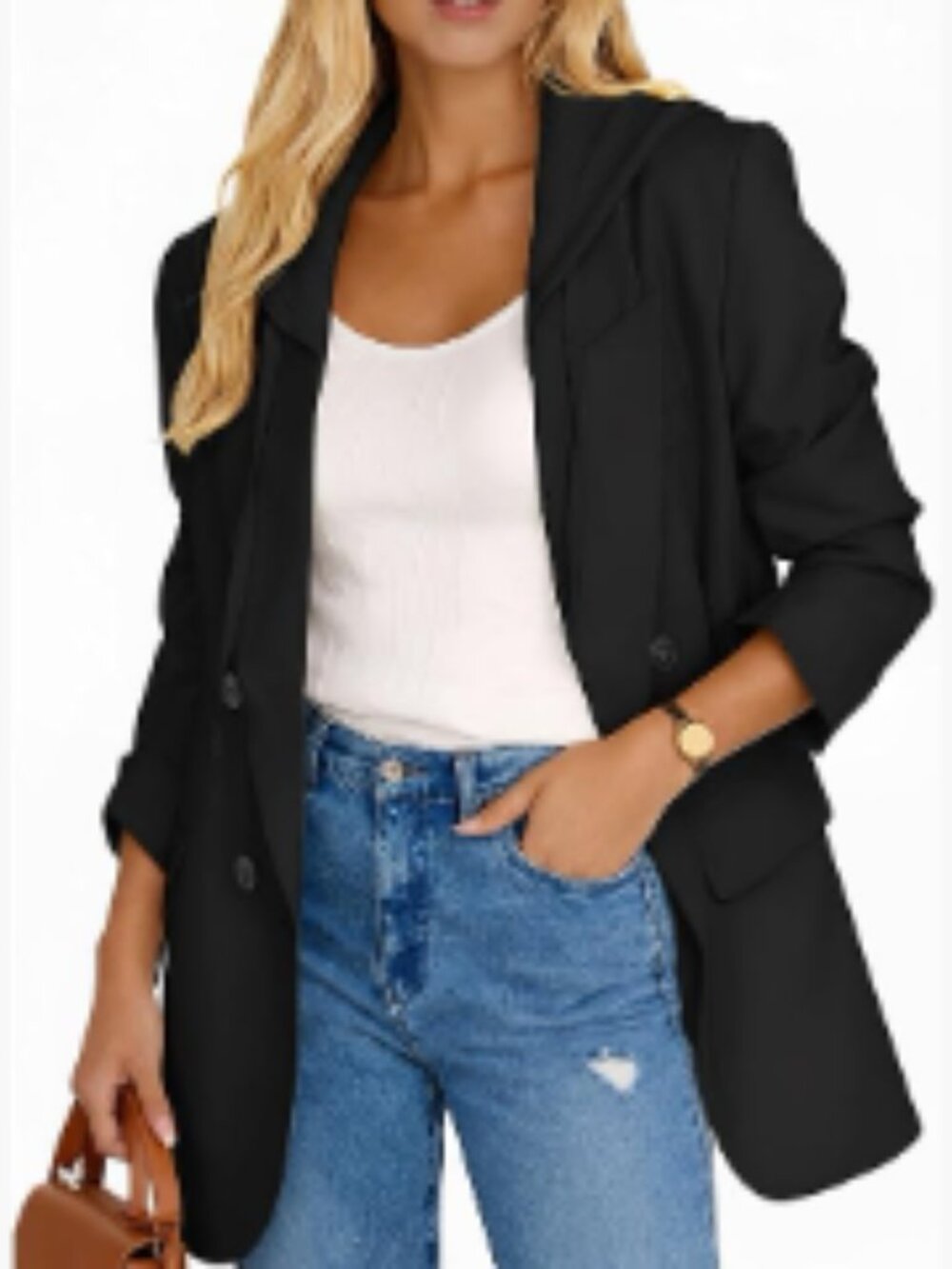 Lightweight Hooded Blazer Jacket Double-Breasted Oversized Casual Work Pocket